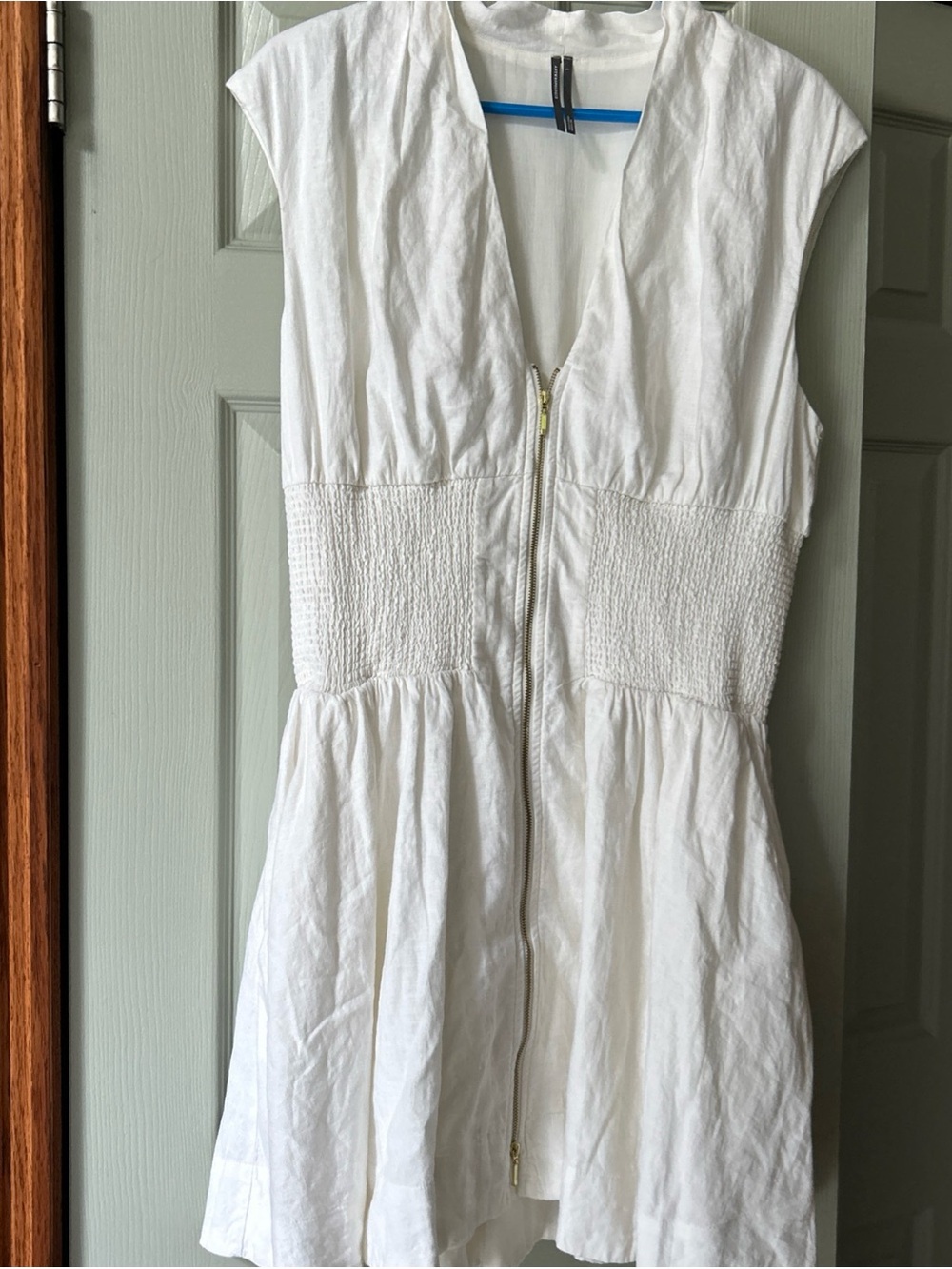 Anthropologie The Tommie Linen Smocked Front-Zip Mini Dress White L cinch waist